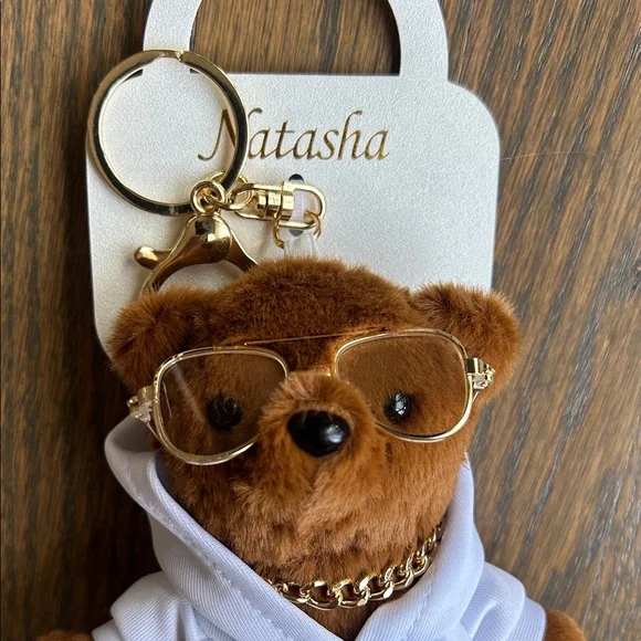 Natasha Brown Bear with Gold Chain and Glasses  Bag Charm/Key Chain Viral TikTok - Picture 2 of 4